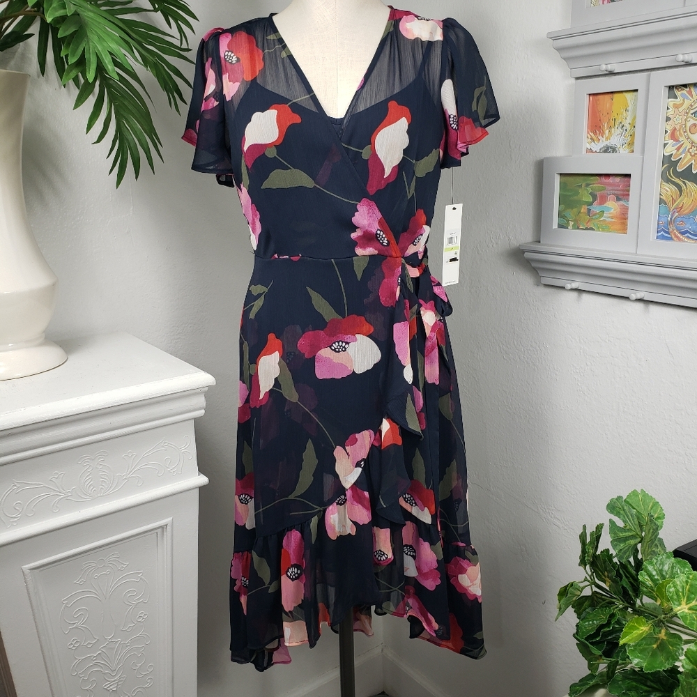Calvin Klein Floral Wrap w/ Ruffle Flutter Layers Feminine Romantic Coquette 4